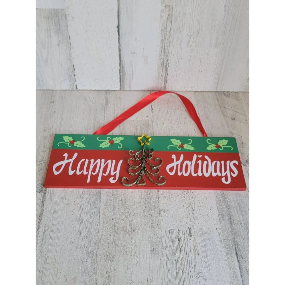Happy holidays red wall‎ hanging sign Xmas tree star home decor
